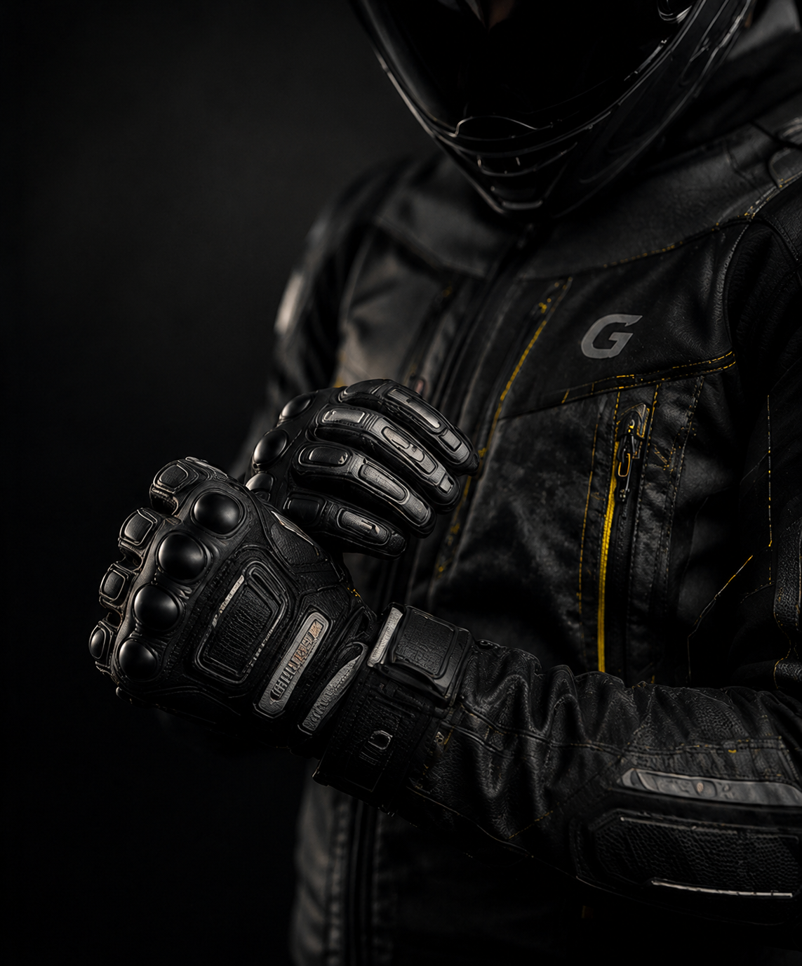 Close-up of a motorcycle rider in a black protective jacket wearing armoured riding gloves